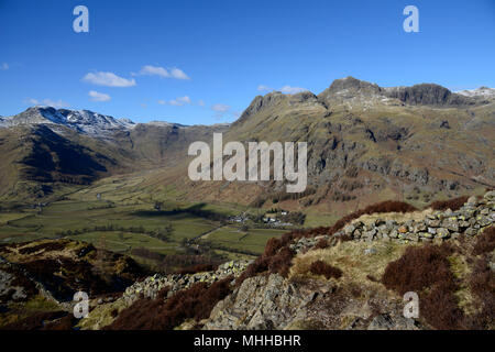 Grande Langdale, Lake District. Langdale Pikes e Bowefell Foto Stock