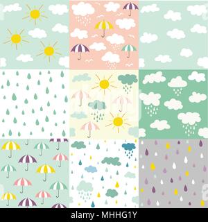 Pioggia e nuvole seamless patterns Illustrazione Vettoriale