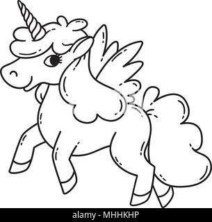 Unicorn con le ali. Illustrazione di vettore isolato su sfondo bianco. Colorazione per i bambini. Scheda e shirt design. Illustrazione Vettoriale