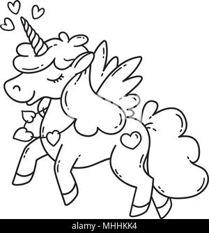 Unicorn con ali e cuore. Illustrazione di vettore isolato su sfondo bianco. Colorazione per i bambini. Scheda e shirt design. Illustrazione Vettoriale