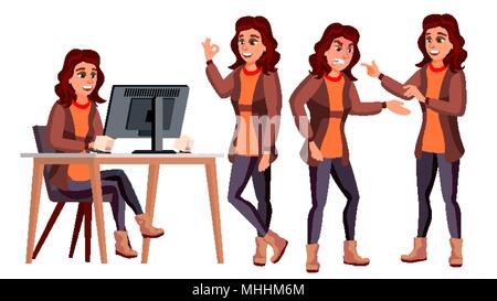 Lavoratore di ufficio vettore. La donna. Professional Officer, Cancelliere. Adulto di sesso femminile di business. Signora volto emozioni, vari gesti. Isolato illustrazione Cartoon Illustrazione Vettoriale