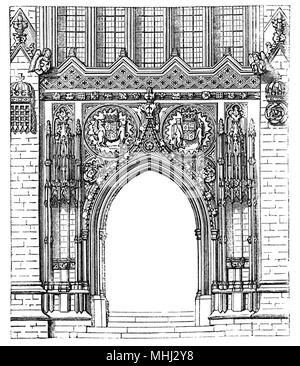 Gli ornati ingresso alla Cappella del King's College dell Università di Cambridge. Considerato uno dei migliori esempi del tardo gotico perpendicolare architettura inglese, fu costruito in più fasi da una successione di re d'Inghilterra dal 1446 al 1515, un periodo che attraversava le guerre del Rose. La cappella di grandi vetrate colorate non sono stati completati fino al 1531, e il suo primo Rinascimento rood dello schermo è stata eretta nel 1532-36. La cappella è attiva una casa di culto e la casa del re College coro. Foto Stock