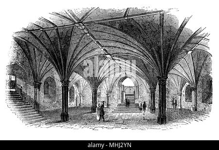 La cripta della Guildhall situata fuori Gresham e Basinghall strade, a Londra. Il palazzo è stato utilizzato come Municipio per diverse centinaia di anni ed è ancora il cerimoniale e il centro amministrativo della città di Londra e la sua Corporation. Il primo documentario riferimento ad una London Guildhall è datato 1128 e la corrente di hall con la cripta occidentale può essere parte di un tardo XIII secolo edificio, il sito di una precedente Guildhall. Foto Stock