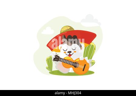 Illustrazione Vettoriale per la comunità Messicana: funny cartoon latin american character suonando la chitarra isolato. Potrebbe essere utilizzato per il Cinco de Mayo fiesta celebrazione materiali. Illustrazione Vettoriale