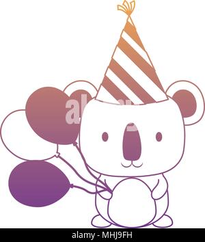 Buon compleanno design con graziosi koala con compleanno hat e palloncini su sfondo bianco, illustrazione vettoriale Illustrazione Vettoriale