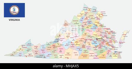 Virginia politica e amministrativa di mappa vettoriale con bandiera Illustrazione Vettoriale