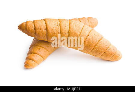 Pane salato rotoli. Croissant integrale isolati su sfondo bianco. Foto Stock