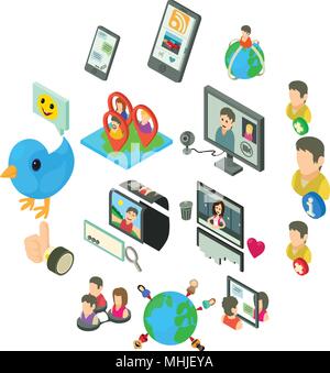 Rete sociale set di icone, stile isometrico Illustrazione Vettoriale