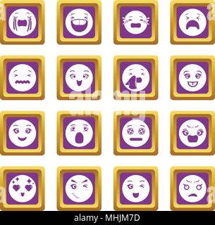 Sorrisi set di icone viola vettore quadrato Illustrazione Vettoriale