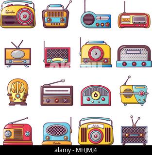 Musica Radio vecchio dispositivo set di icone, stile cartoon Illustrazione Vettoriale