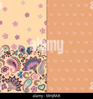 Set di due orizzontali seamless motivo floreale con paisley e fantasia fiori confine. Disegnata a mano la texture per i vestiti, biancheria, tessuto del vestito ecc. Il beige Illustrazione Vettoriale