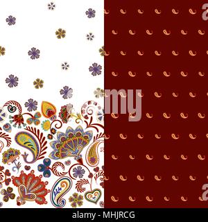 Set di due orizzontali seamless motivo floreale con paisley e fantasia fiori confine. Disegnata a mano la texture per i vestiti, biancheria, tessuto del vestito ecc. Bianco e vinoso Illustrazione Vettoriale