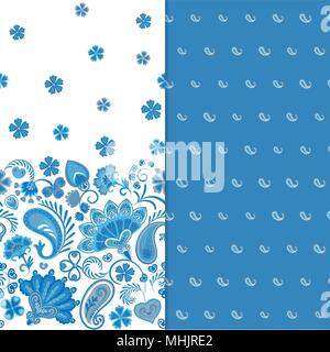 Set di due orizzontali seamless motivo floreale con paisley e fantasia fiori confine. Disegnata a mano la texture per i vestiti, biancheria, tessuto del vestito ecc. Blue Illustrazione Vettoriale
