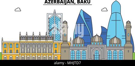 Azerbaigian, Baku. Lo skyline della citta', architettura, edifici, strade, silhouette, paesaggio, panorama, punti di riferimento. Corse modificabile. Design piatto linea illustrazione vettoriale concetto. Icone isolato Illustrazione Vettoriale