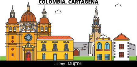 Colombia Cartagena. Lo skyline della citta', architettura, edifici, strade, silhouette, paesaggio, panorama, punti di riferimento. Corse modificabile. Design piatto linea illustrazione vettoriale concetto. Icone isolato Illustrazione Vettoriale