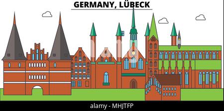 Germania, Lubeck. Lo skyline della citta', architettura, edifici, strade, silhouette, paesaggio, panorama, punti di riferimento. Corse modificabile. Design piatto linea illustrazione vettoriale concetto. Icone isolato Illustrazione Vettoriale