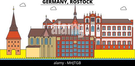 Germania, Rostock. Lo skyline della citta', architettura, edifici, strade, silhouette, paesaggio, panorama, punti di riferimento. Corse modificabile. Design piatto linea illustrazione vettoriale concetto. Icone isolato Illustrazione Vettoriale