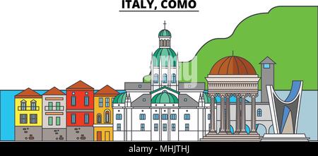 L'Italia, Como. Lo skyline della citta', architettura, edifici, strade, silhouette, paesaggio, panorama, punti di riferimento. Corse modificabile. Design piatto linea illustrazione vettoriale concetto. Icone isolato Illustrazione Vettoriale