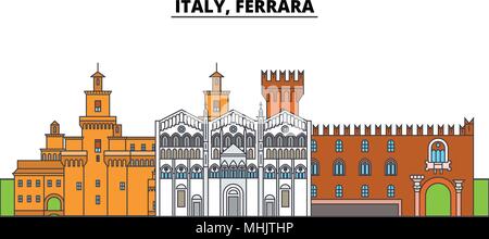 L'Italia, Ferrara. Lo skyline della citta', architettura, edifici, strade, silhouette, paesaggio, panorama, punti di riferimento. Corse modificabile. Design piatto linea illustrazione vettoriale concetto. Icone isolato Illustrazione Vettoriale