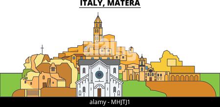 L'Italia, Matera. Lo skyline della citta', architettura, edifici, strade, silhouette, paesaggio, panorama, punti di riferimento. Corse modificabile. Design piatto linea illustrazione vettoriale concetto. Icone isolato Illustrazione Vettoriale