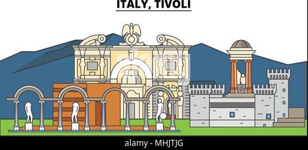 L'Italia, Tivoli. Lo skyline della citta', architettura, edifici, strade, silhouette, paesaggio, panorama, punti di riferimento. Corse modificabile. Design piatto linea illustrazione vettoriale concetto. Icone isolato Illustrazione Vettoriale