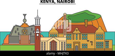 Kenya, Nairobi. Lo skyline della citta', architettura, edifici, strade, silhouette, paesaggio, panorama, punti di riferimento. Corse modificabile. Design piatto linea illustrazione vettoriale concetto. Icone isolato Illustrazione Vettoriale