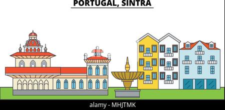 Il Portogallo, Sintra. Lo skyline della citta', architettura, edifici, strade, silhouette, paesaggio, panorama, punti di riferimento. Corse modificabile. Design piatto linea illustrazione vettoriale concetto. Icone isolato Illustrazione Vettoriale