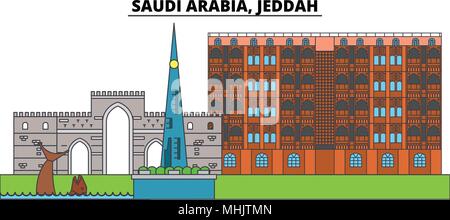 Arabia Saudita Jeddah. Lo skyline della citta', architettura, edifici, strade, silhouette, paesaggio, panorama, punti di riferimento. Corse modificabile. Design piatto linea illustrazione vettoriale concetto. Icone isolato Illustrazione Vettoriale