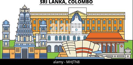 Sri Lanka, Colombo. Lo skyline della citta', architettura, edifici, strade, silhouette, paesaggio, panorama, punti di riferimento. Corse modificabile. Design piatto linea illustrazione vettoriale concetto. Icone isolato Illustrazione Vettoriale