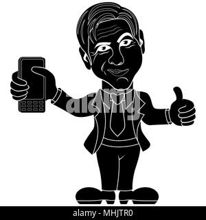 Silhouette di gentleman sorridente con un telefono cellulare, uno stampino cartoon illustrazione vettoriale Illustrazione Vettoriale