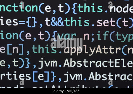Real Java Script codice nella schermata di sviluppo. Flusso di lavoro di programmazione algoritmo astratto concetto. Primo piano di Java Script e codice HTML. Foto Stock