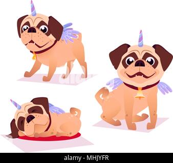 Carino pug in costume di Unicorn. Unicorn cane. Essa può essere utilizzata per adesivo, patch, custodia per telefono, poster, t-shirt, mug e altri design. Illustrazione Vettoriale