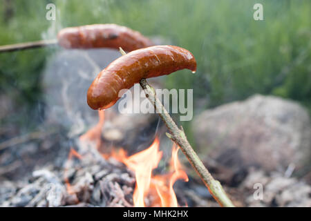 Gustose salsicce preparate sul fuoco. Una vacanza pasto preparato all'aria aperta. Stagione della primavera. Foto Stock