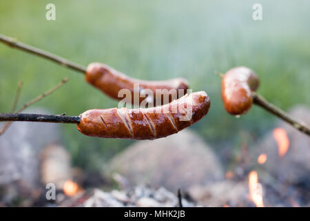 Gustose salsicce preparate sul fuoco. Una vacanza pasto preparato all'aria aperta. Stagione della primavera. Foto Stock