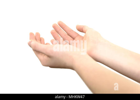Mani femminili sollevata in un gesto di trattenere qualcosa o pregando su sfondo bianco in close-up Foto Stock