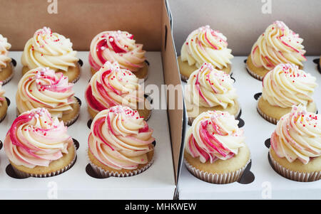 Delicati tortini alla vaniglia con crema nella casella su sfondo bianco Foto Stock