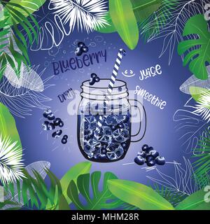 Vector mirtillo drink in mason jar withdoodle cubetti di ghiaccio e il Tropic lascia il telaio Illustrazione Vettoriale