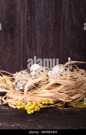 Nido di quaglia con uova maculato, piante essiccate su uno sfondo di legno. Spazio libero per il tuo testo. Foto Stock