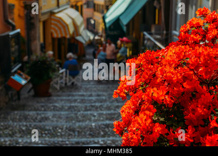 Pittoresca stradina con scale a Bellagio, Lago di Como, Lombardia, Italia Foto Stock