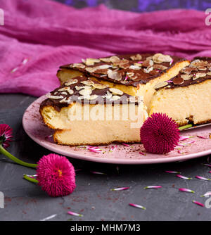 Pezzi di cheesecake con il cioccolato su una piastra di rosa, close up Foto Stock