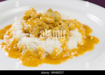 Piatto semplice da India. Chicken Korma. Pollo su un poco speziato di noce di cocco salsa cremosa servito con riso su piastra bianca. Foto Stock
