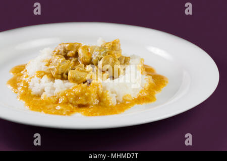 Piatto semplice da India. Chicken Korma. Pollo su un poco speziato di noce di cocco salsa cremosa servito con riso su piastra bianca. Foto Stock