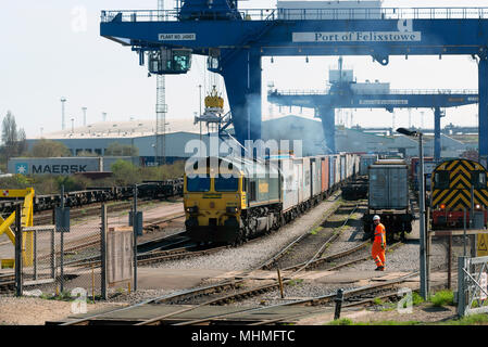 Treno merci Freightliner in partenza dal terminal ferroviario Nord, Porto di Felixstowe, Suffolk, Regno Unito. Foto Stock