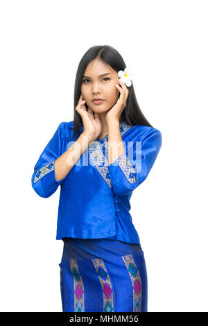 Bella ragazza Laos Laos costume isolato su sfondo bianco,donna asiatica indossando il tradizionale Laos cultura,stile vintage,vestiti tradizionali. Foto Stock