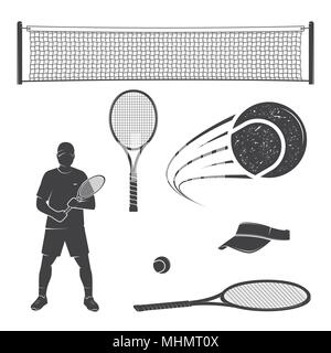 Set di attrezzatura da tennis silhouette. Illustrazione Vettoriale. Collezione includono racchetta da tennis, palline tennis net, lettore e visiera silhouette. Illustrazione Vettoriale