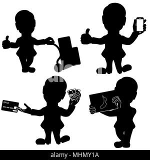 Silhouette set di quattro uomo in varie situazioni, cartoon stencil illustrazioni vettoriali isolati su sfondo bianco Illustrazione Vettoriale