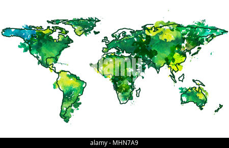 2d disegnati a mano illustrazione della mappa del mondo. Verde Giallo splash acquerello isolato pianeta terra. Schizzo e disegno doodle continenti. Immagine concettuale Foto Stock