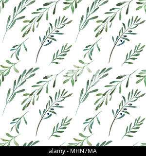 2d disegnati a mano ad acquerello sfondo senza giunture. Colorato Olive Branch con il feto. Modello per tessili, avvolgimento, branding, inviti. Foto Stock