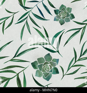 2d disegnati a mano ad acquerello sfondo senza giunture. Colorato yucca succursale con succulenti illustrazione sul vecchio vintage carta fibroso. Modello per prodotti tessili Foto Stock