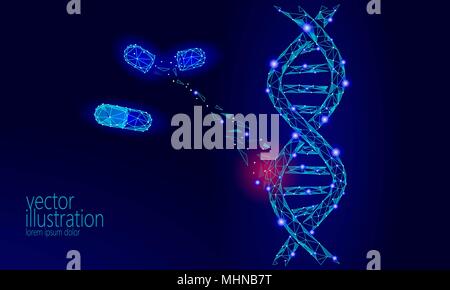 La terapia genica DNA 3D molecola chimica di struttura bassa poli. Triangolo poligonale punto linea cellula sana parte. Innovazione medicina blu ingegneria del genoma illustrazione vettoriale futuro della tecnologia aziendale Illustrazione Vettoriale